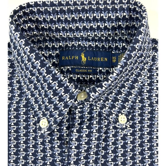 Polo Ralph Lauren P Wing Graphic All Over Print Shirt Mens XS Classic Fit Navy